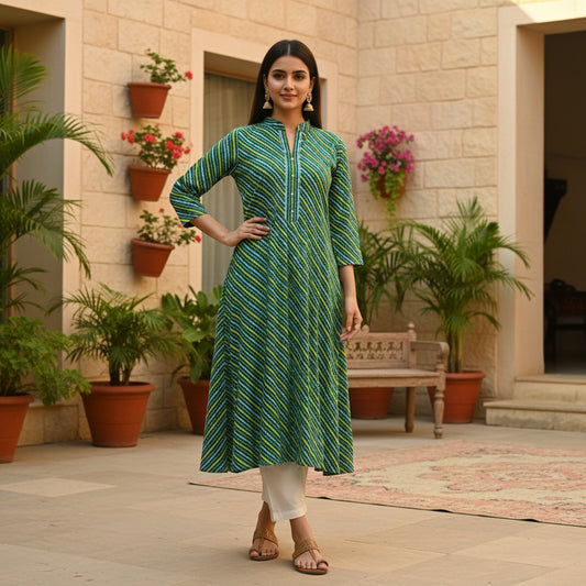 Green & Blue Leheriya Cotton A-Line Kurta