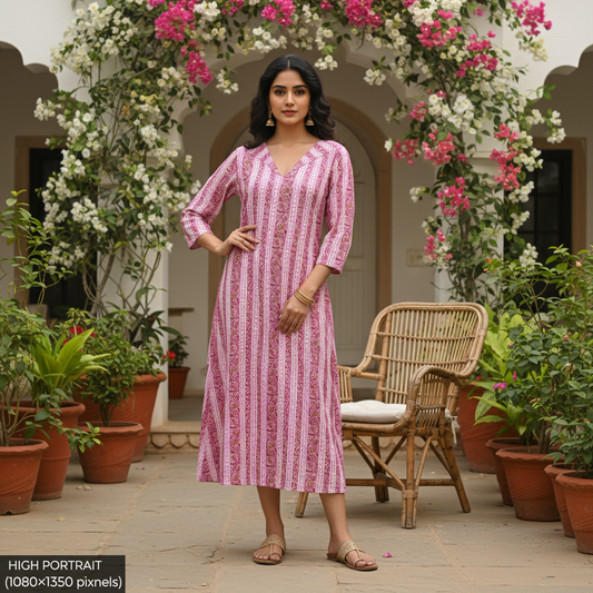 Mauve Printed Cotton Straight-Fit V-Neck Kurta