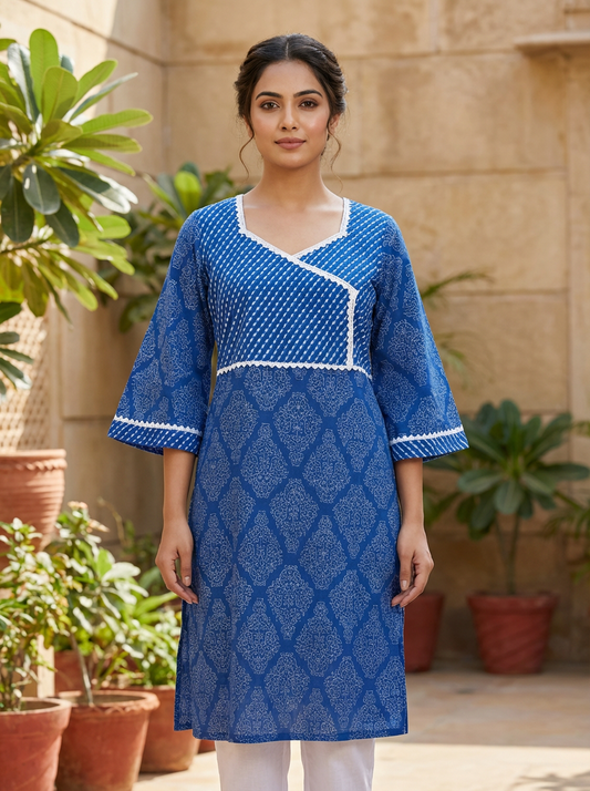 Indigo Block-Print Cotton Angrakha Kurta