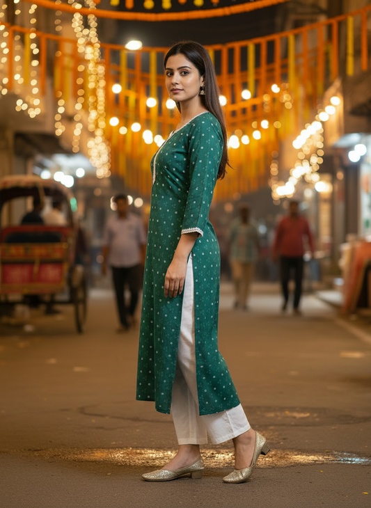 Andhani Print V-Neck Green Cotton Kurta