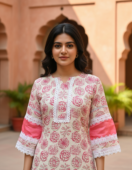 Elegant Pink Floral Print Cotton Kurta with Lace Detailing
