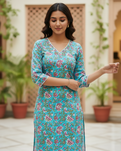 Turquoise Floral Block Print V-Neck Cotton Kurta