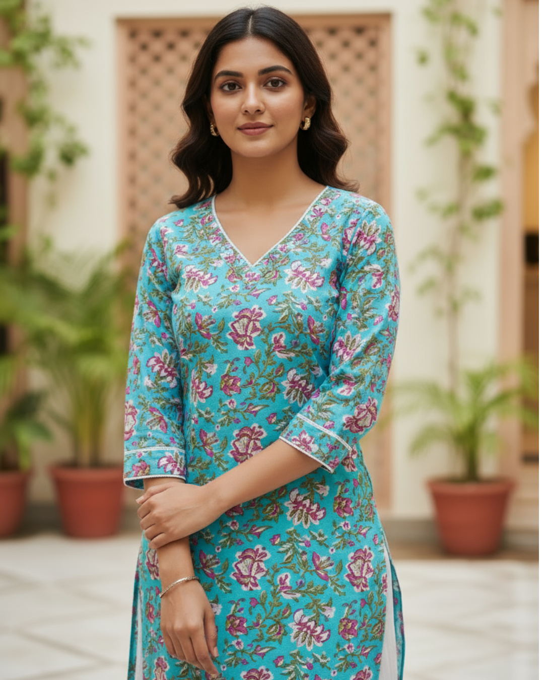 Turquoise Floral Block Print V-Neck Cotton Kurta