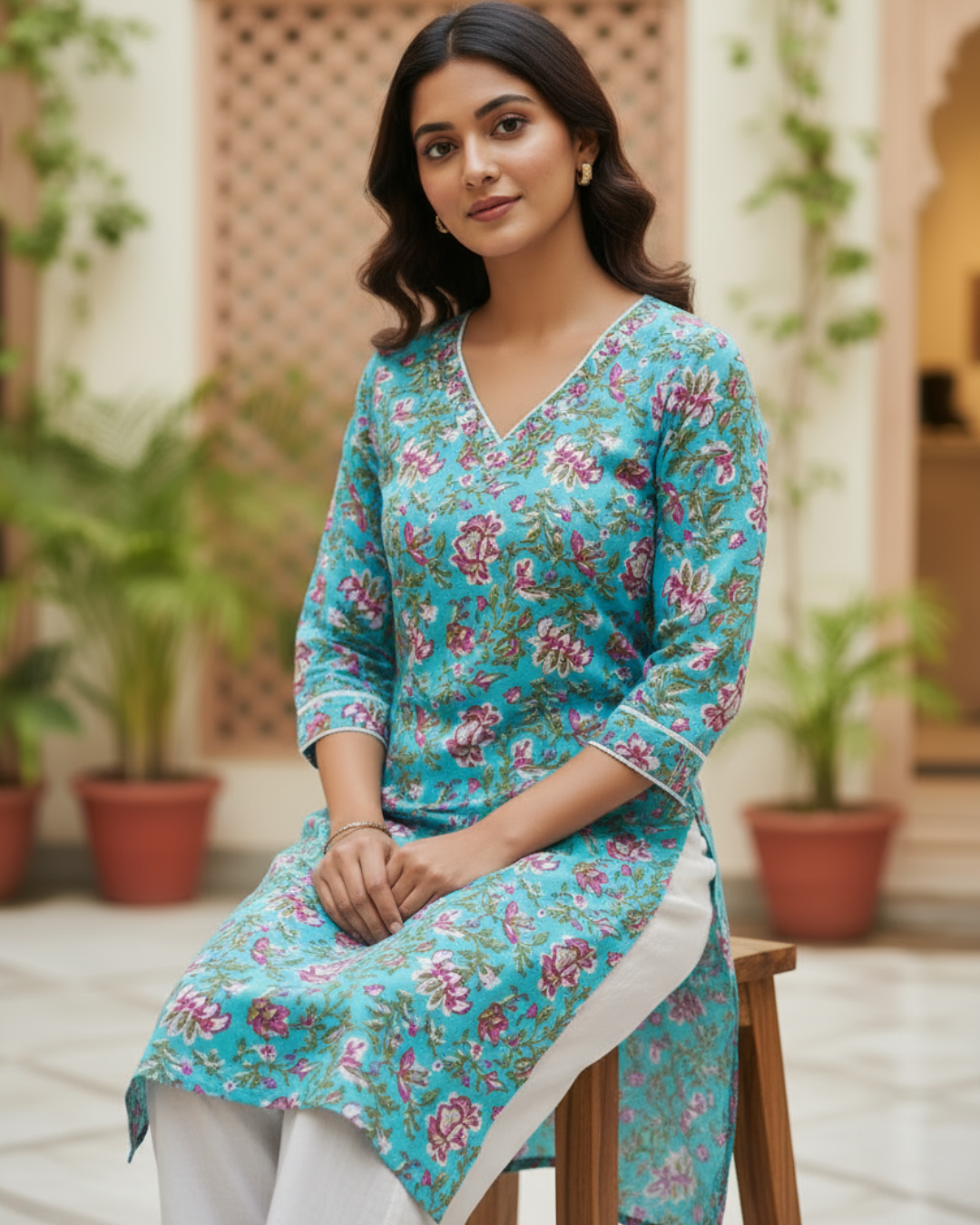 Turquoise Floral Block Print V-Neck Cotton Kurta