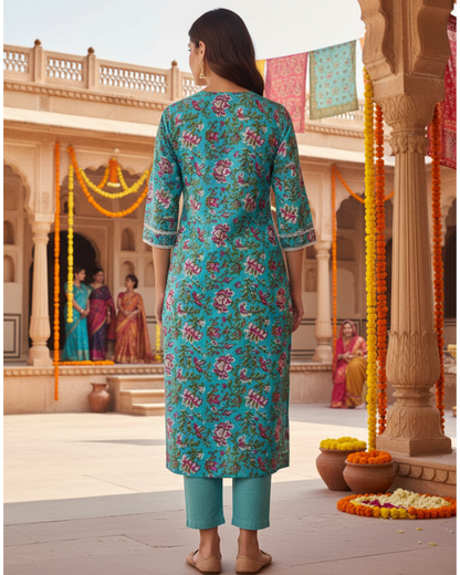 Turquoise Floral Block Print V-Neck Cotton Kurta