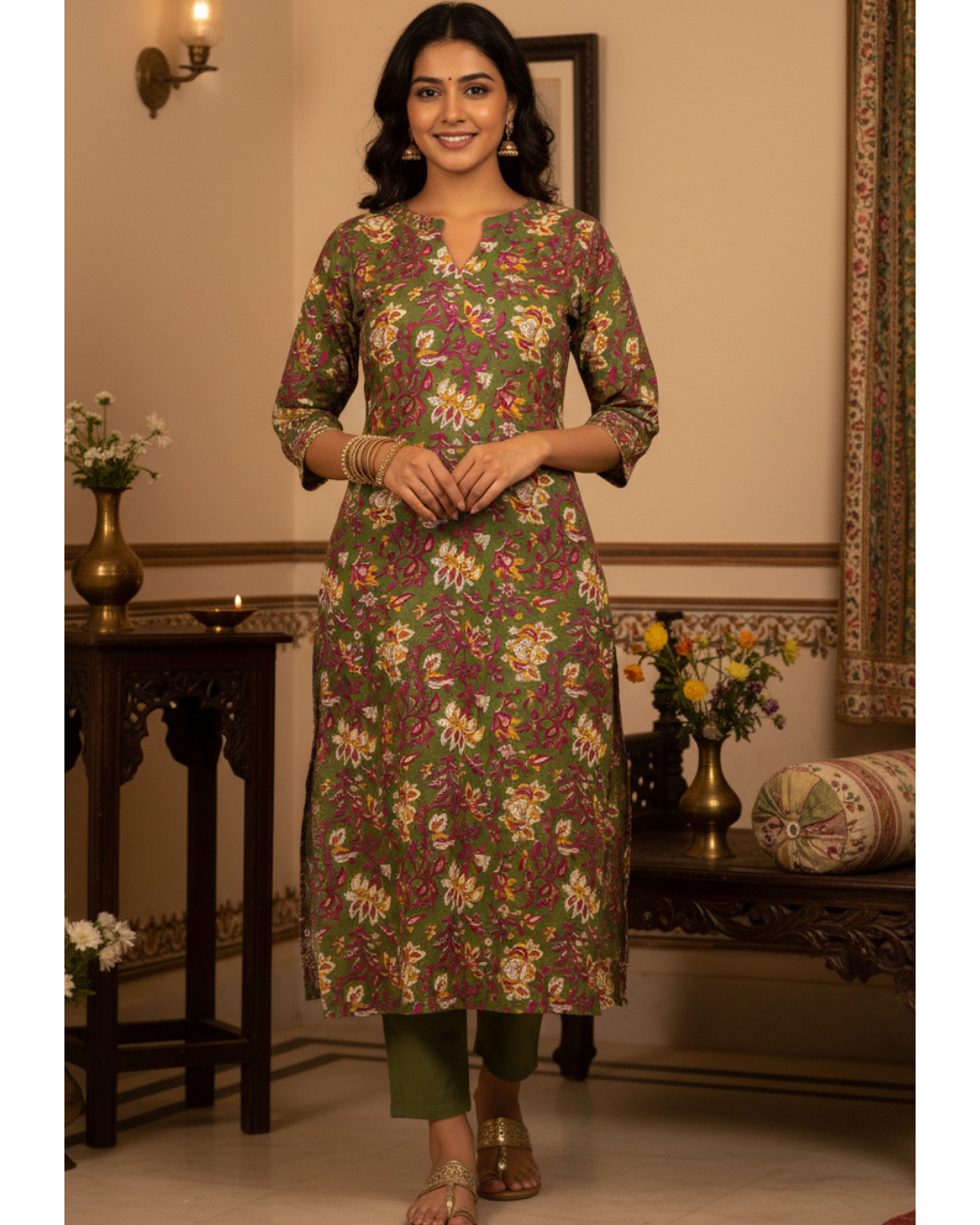 Olive Green Floral Cotton Kurta