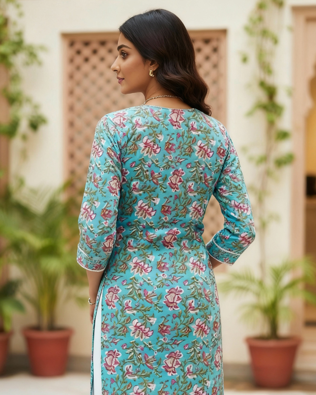 Turquoise Floral Block Print V-Neck Cotton Kurta