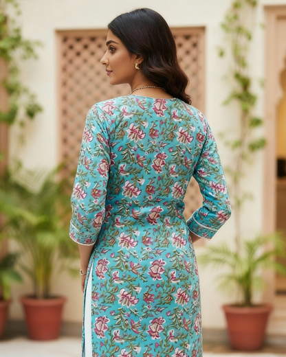 Turquoise Floral Block Print V-Neck Cotton Kurta