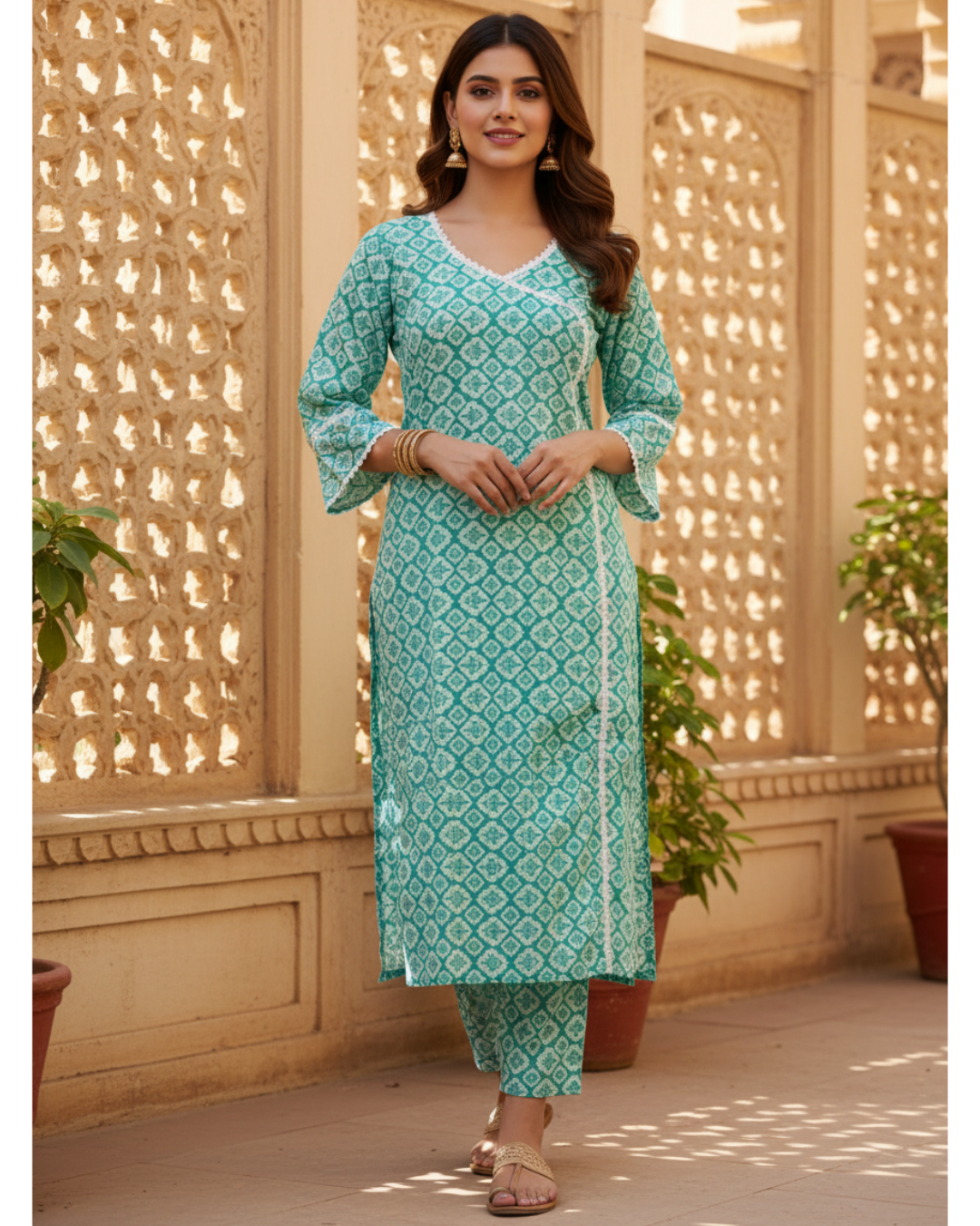 Teal Block Print Cotton Kurta Set with Lace Trim