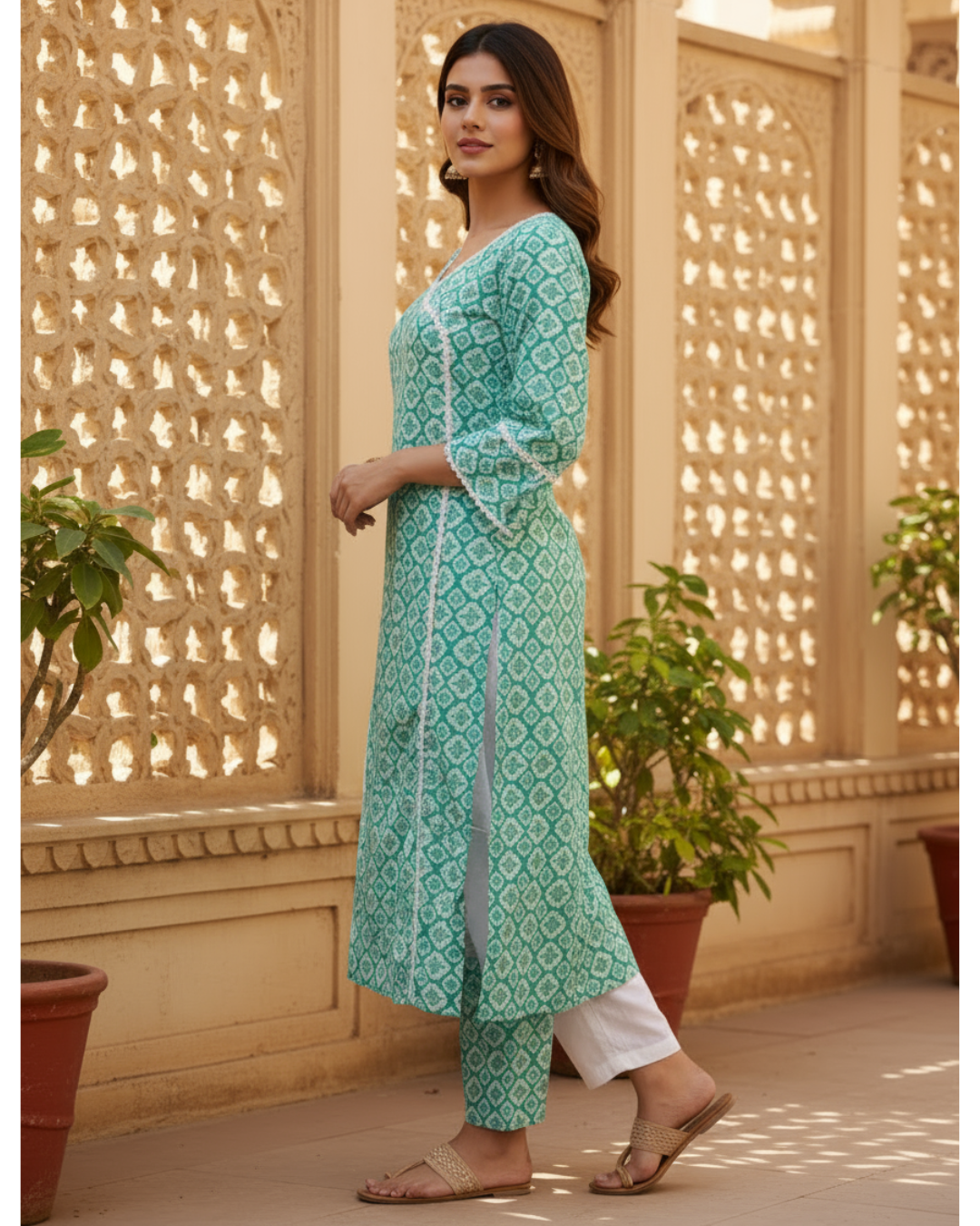Teal Block Print Cotton Kurta Set with Lace Trim