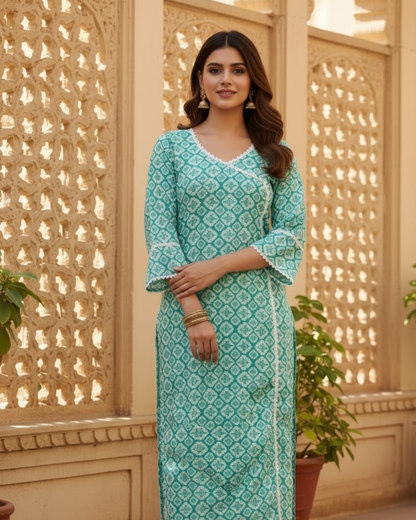 Teal Block Print Cotton Kurta Set with Lace Trim