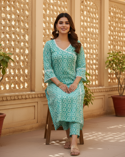 Teal Block Print Cotton Kurta Set with Lace Trim