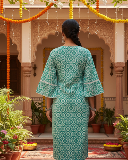 Teal Block Print Cotton Kurta Set with Lace Trim
