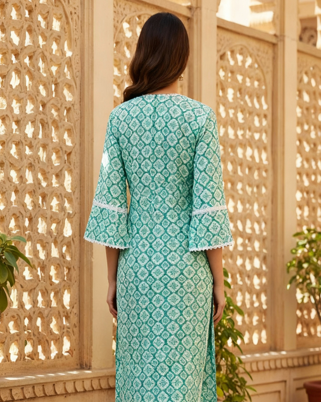 Teal Block Print Cotton Kurta Set with Lace Trim