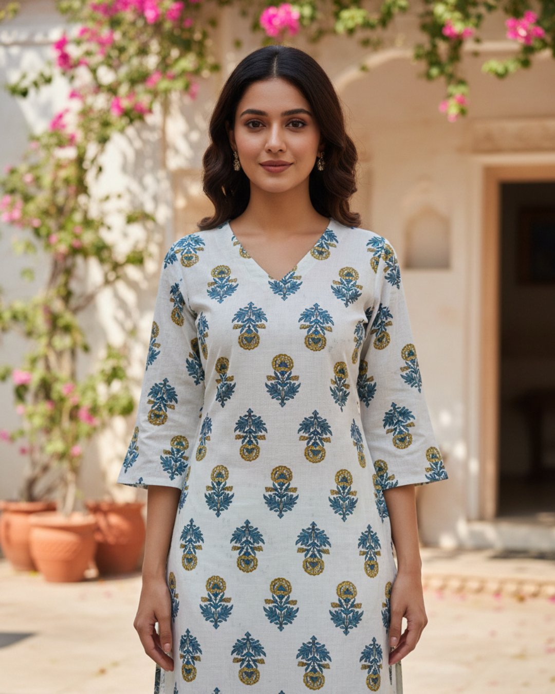 Block Print Cotton V-Neck A-Line Kurta