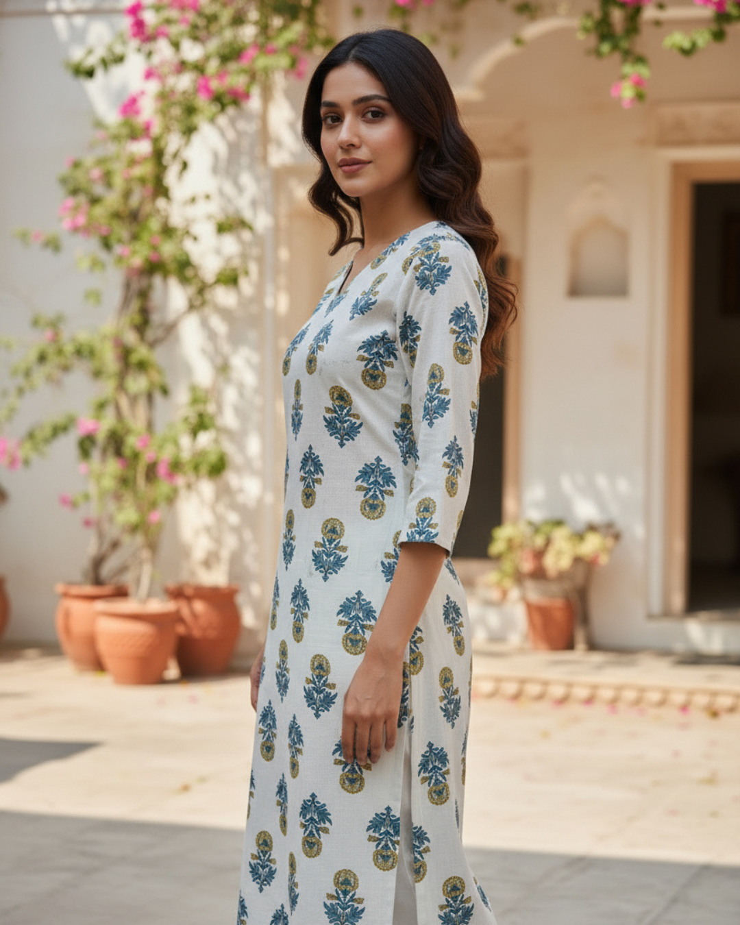 Block Print Cotton V-Neck A-Line Kurta