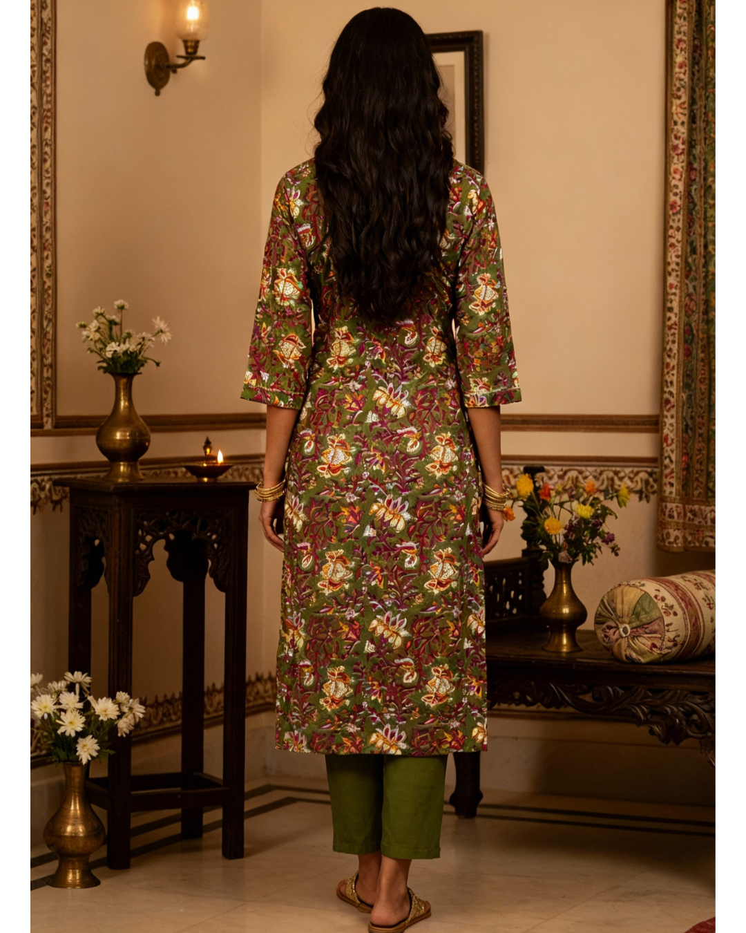 Olive Green Floral Cotton Kurta