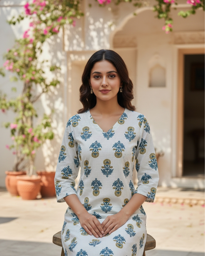 Block Print Cotton V-Neck A-Line Kurta