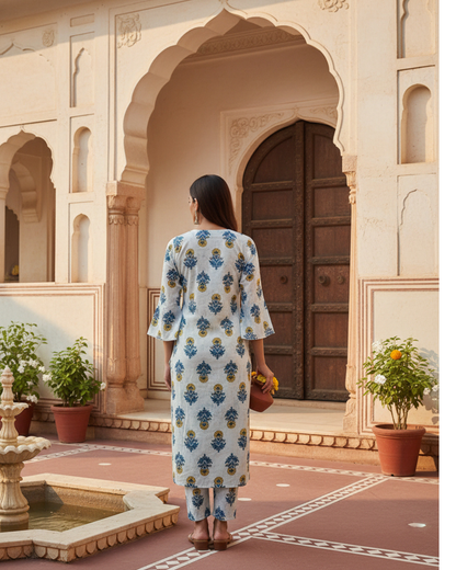 Block Print Cotton V-Neck A-Line Kurta