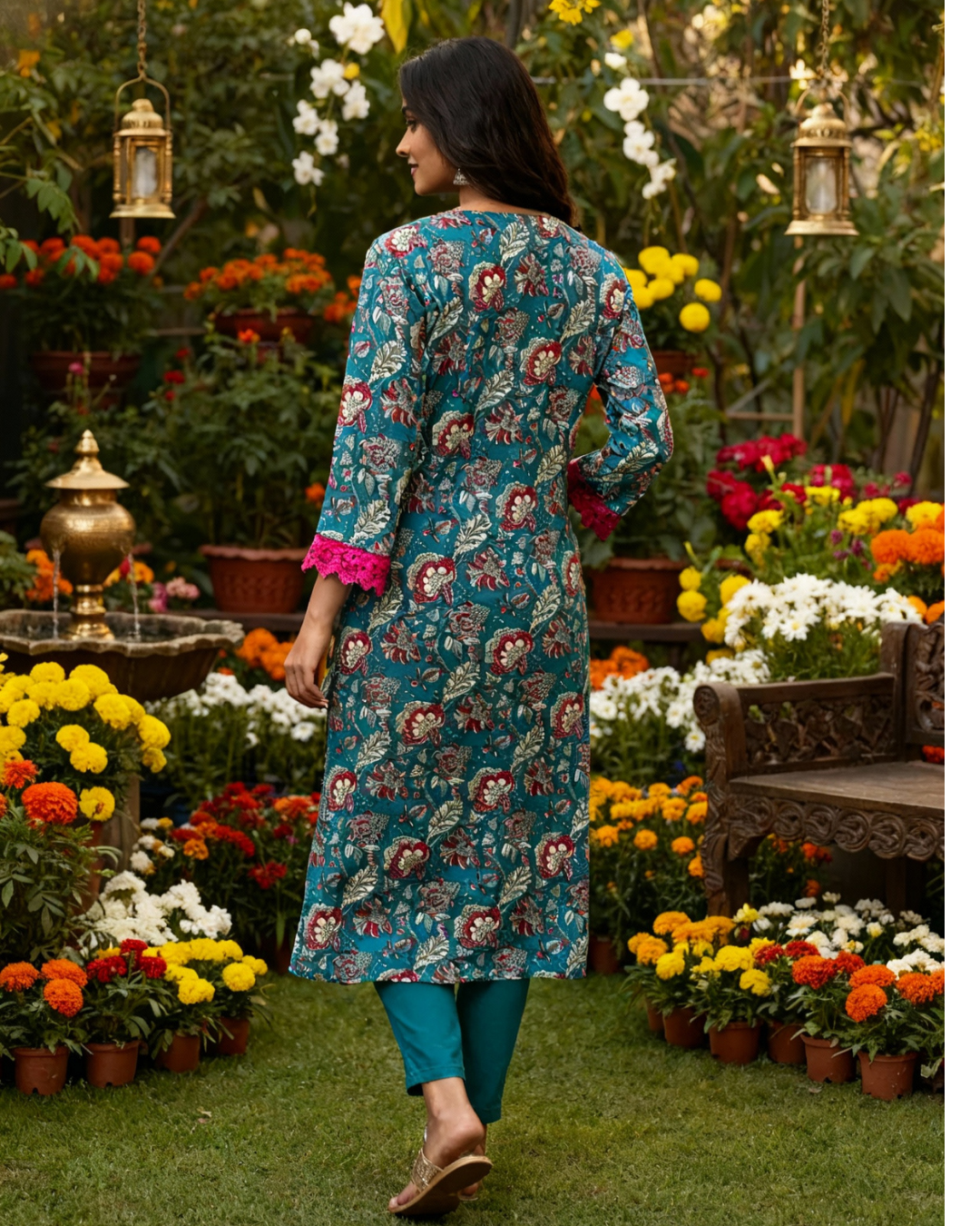 Teal Floral Cotton Kurta with Pink Trim