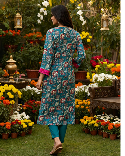 Teal Floral Cotton Kurta with Pink Trim