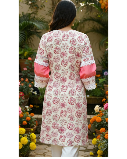 Elegant Pink Floral Print Cotton Kurta with Lace Detailing