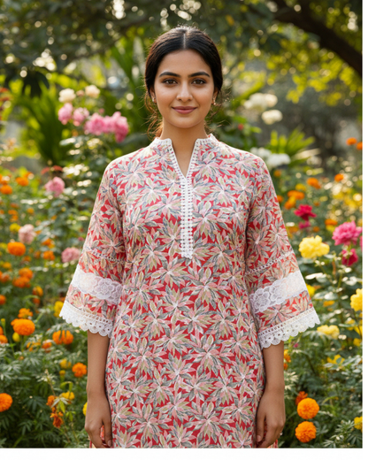Red Floral Cotton A-Line Lace-Trim Kurta