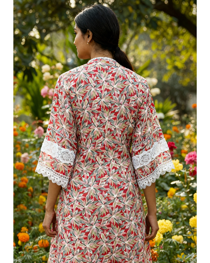 Red Floral Cotton A-Line Lace-Trim Kurta