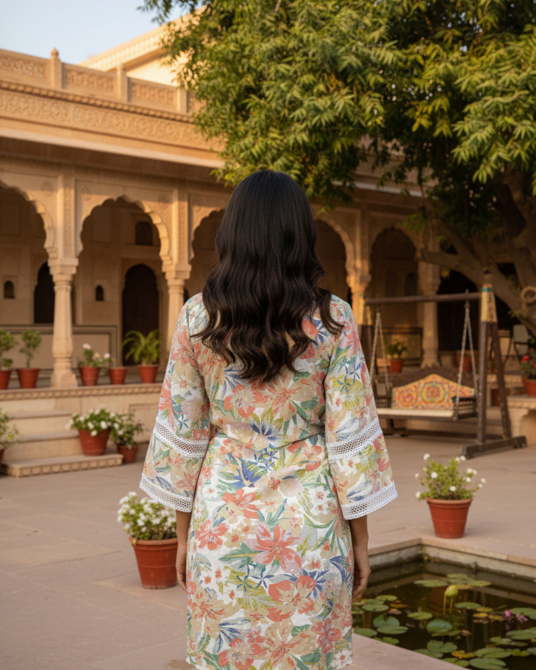 Floral Printed Cotton-Silk Tunic with Lace Details