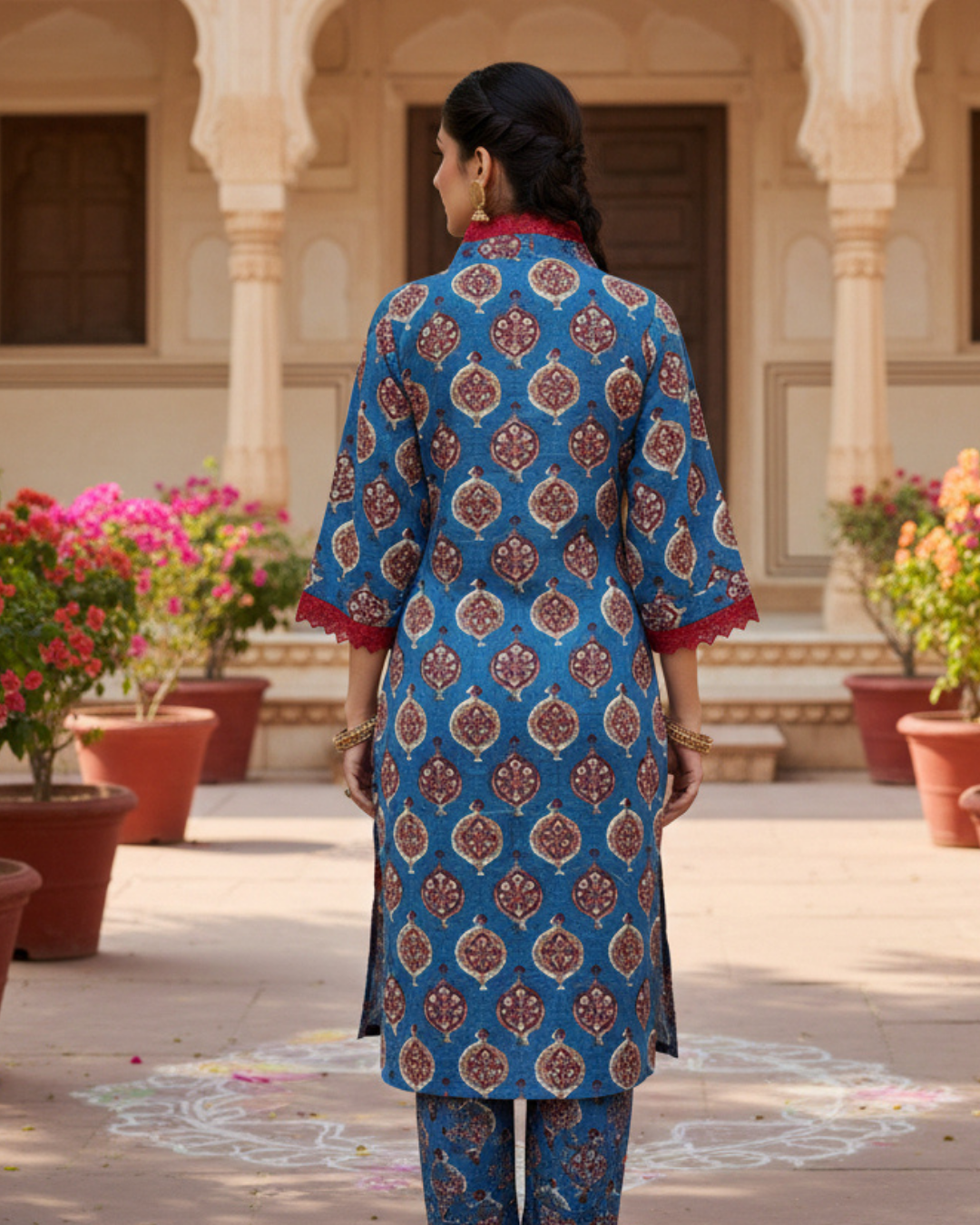 Indigo Blue Block Print Kurta with Wine Lace Detail