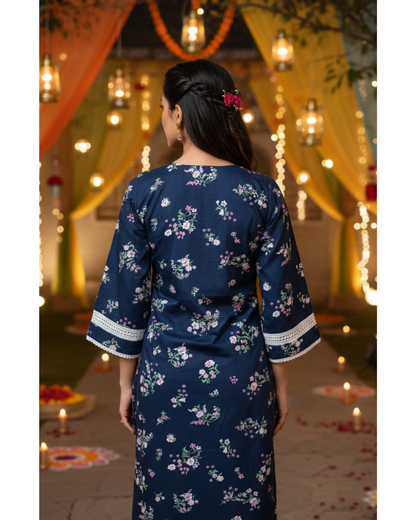 Navy Floral Print Cotton Lace-Trim Kurta