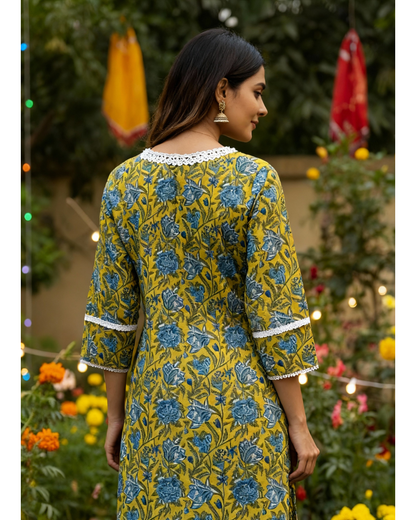 Ustard Yellow Floral Block Print Cotton Kurta