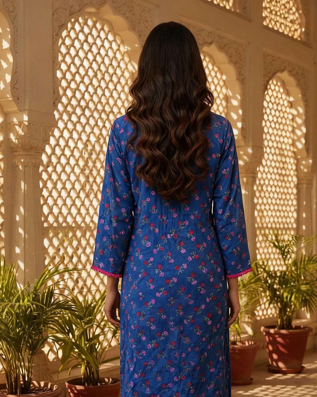 Royal Blue Floral Print Straight-Fit Kurta