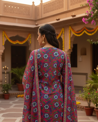 Vibrant Pink Floral Block Print Cotton Kurta