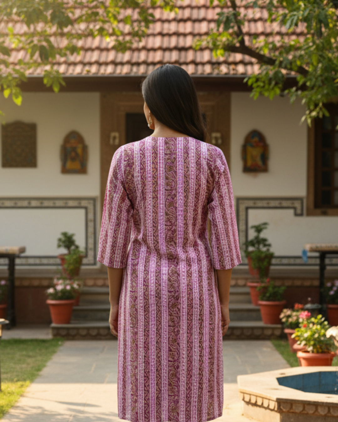 Mauve Printed Cotton Straight-Fit V-Neck Kurta