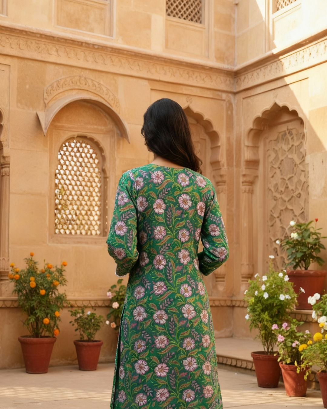 Emerald Green Floral Print Cotton Slit Kurta