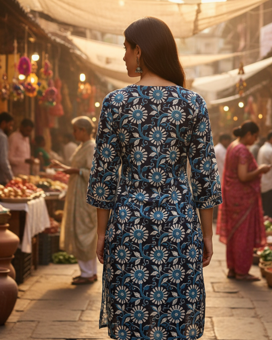 Indigo Floral Print Cotton V-Neck Kurta