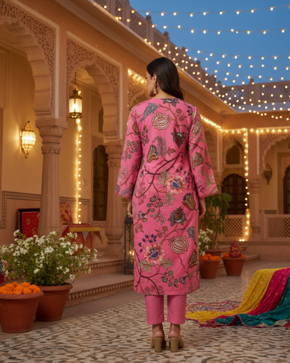 Vibrant Pink Floral Block Print Cotton Kurta