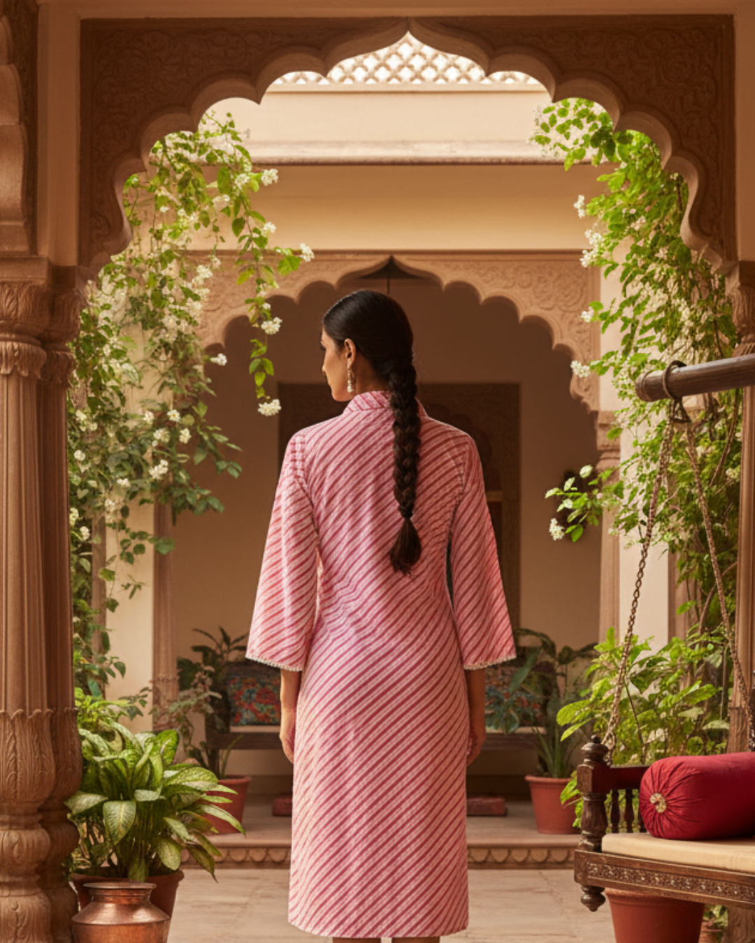 Pink Leheriya Stripe Shirt-Style A-Line Kurta