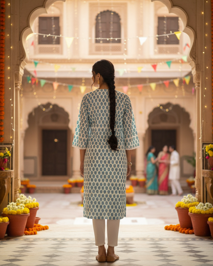 Aqua Block Print Cotton V-Neck Kurta