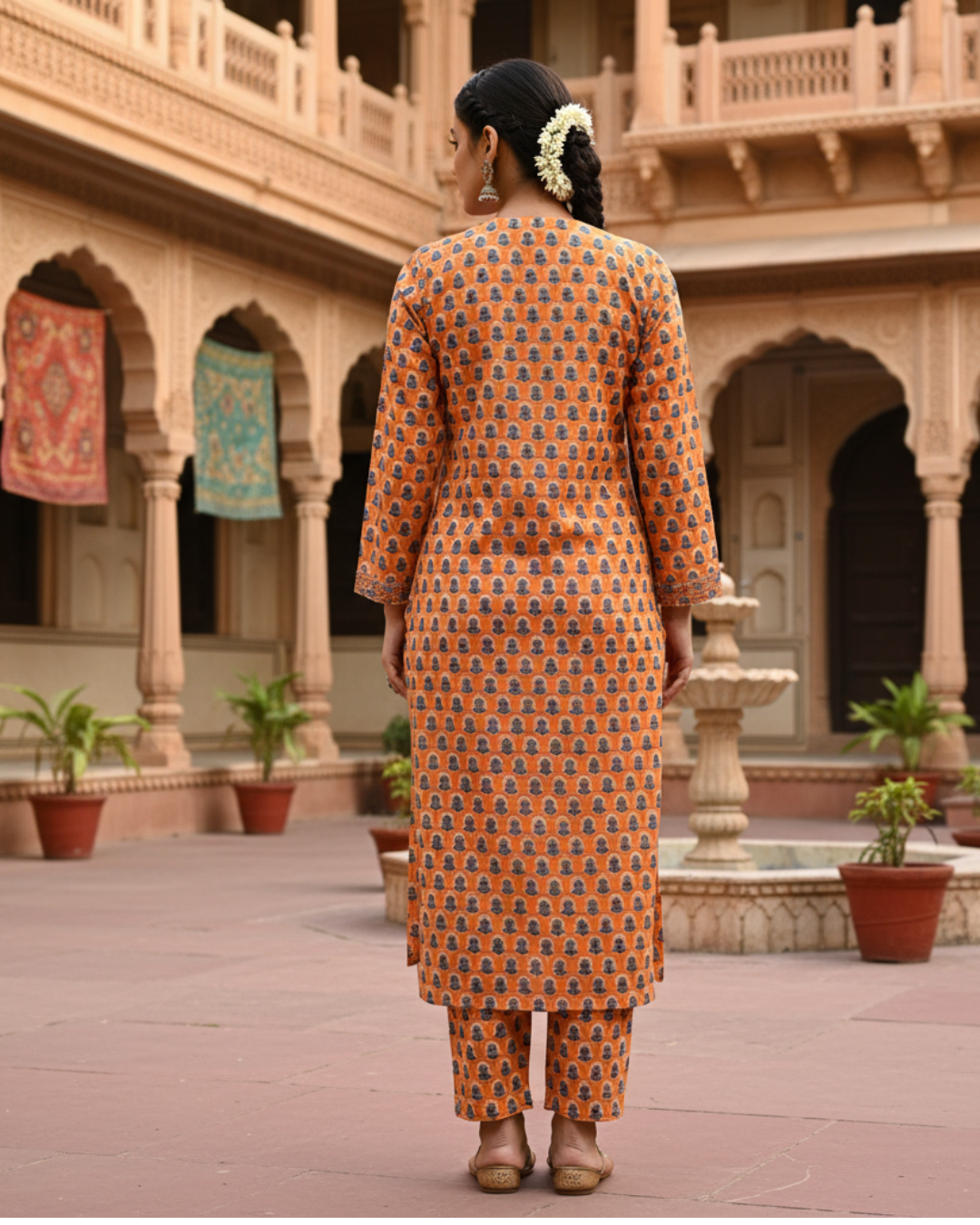 Orange Printed Cotton V-Neck Straight Kurta