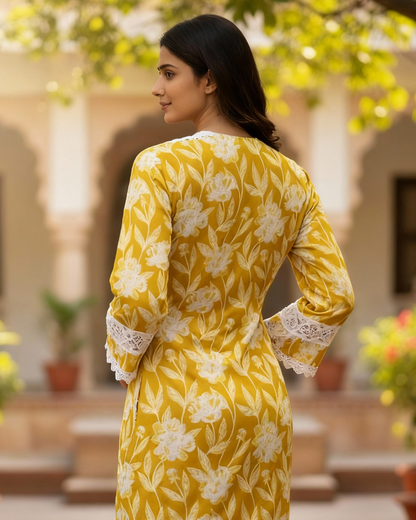 Mustard Floral Print Cotton Kurta with Lace Trim
