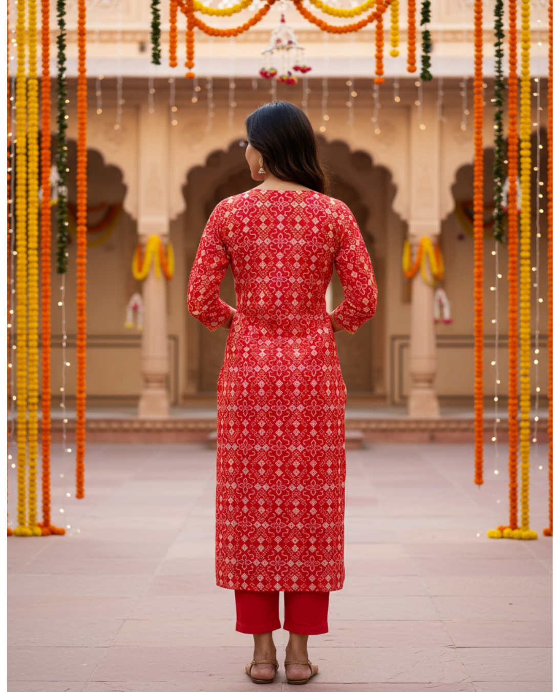 Red Printed Straight Cotton Festive Kurta