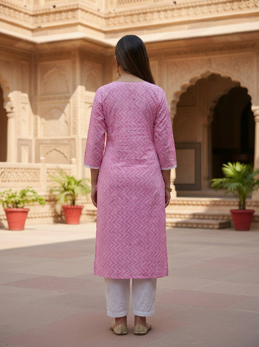 Chic Pink Zig-Zag Cotton Kurta