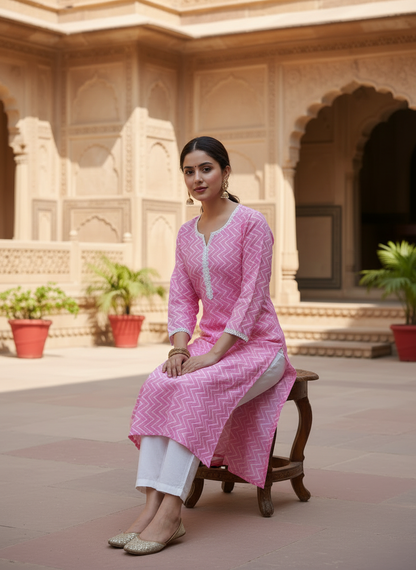 Chic Pink Zig-Zag Cotton Kurta