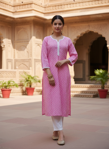 Chic Pink Zig-Zag Cotton Kurta