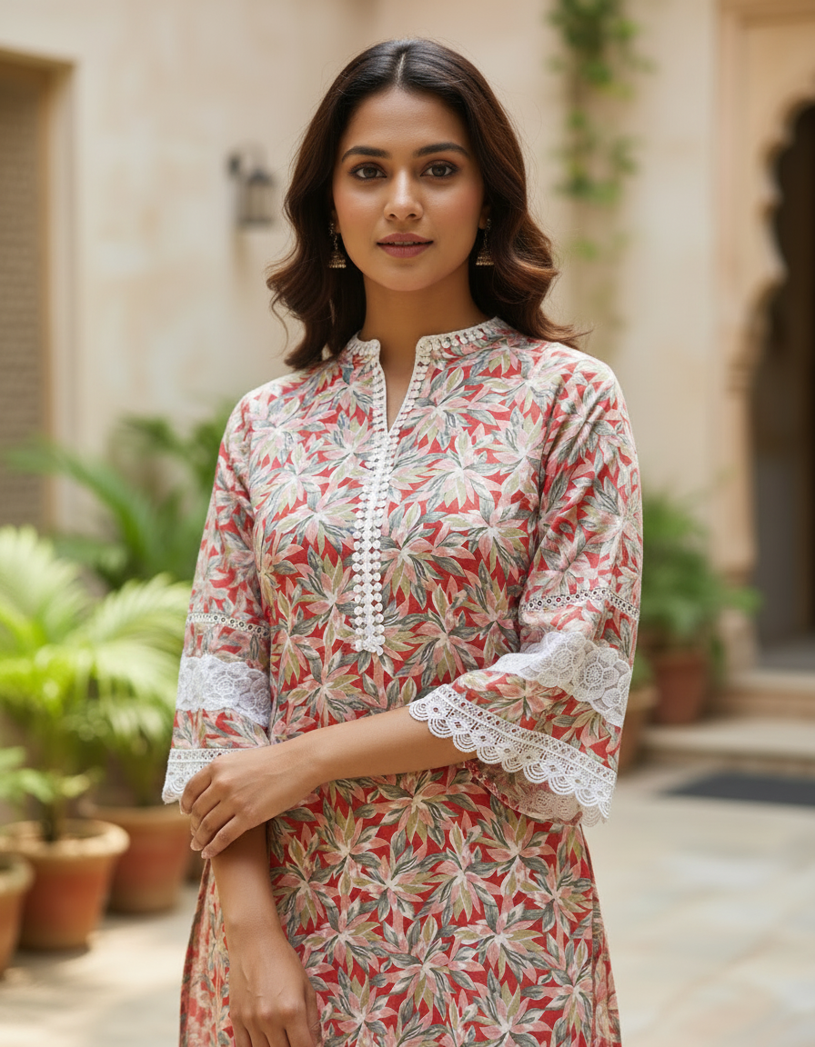 Red Floral Cotton A-Line Lace-Trim Kurta