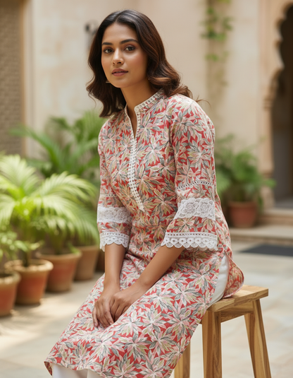 Red Floral Cotton A-Line Lace-Trim Kurta