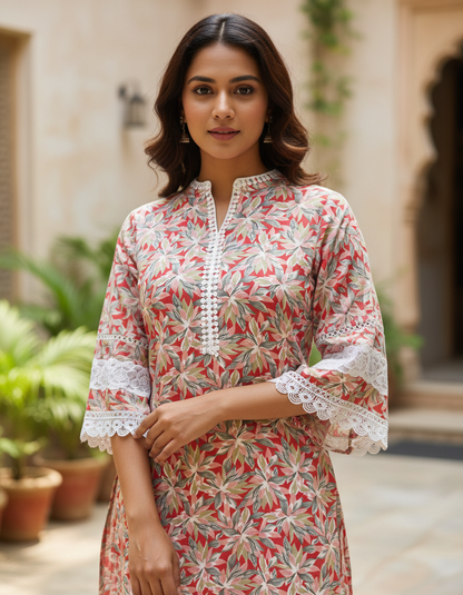 Red Floral Cotton A-Line Lace-Trim Kurta