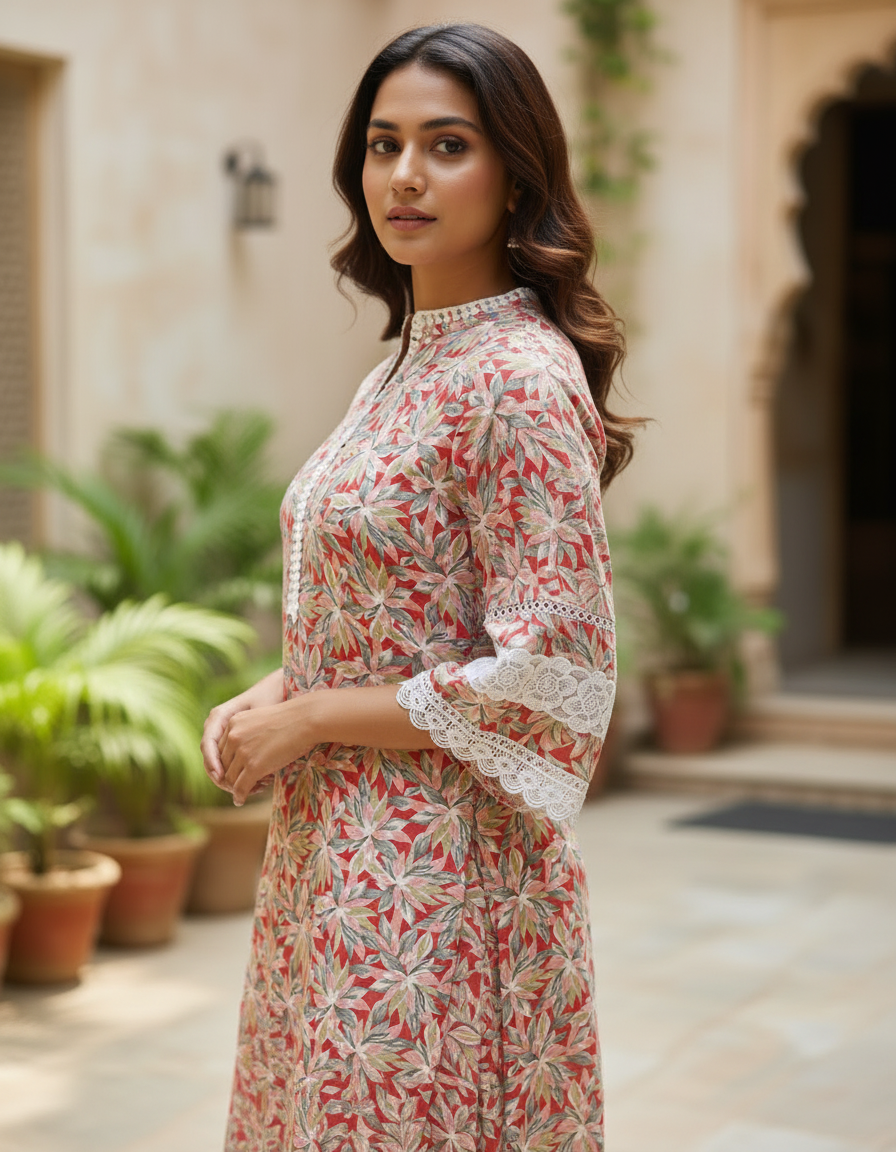 Red Floral Cotton A-Line Lace-Trim Kurta